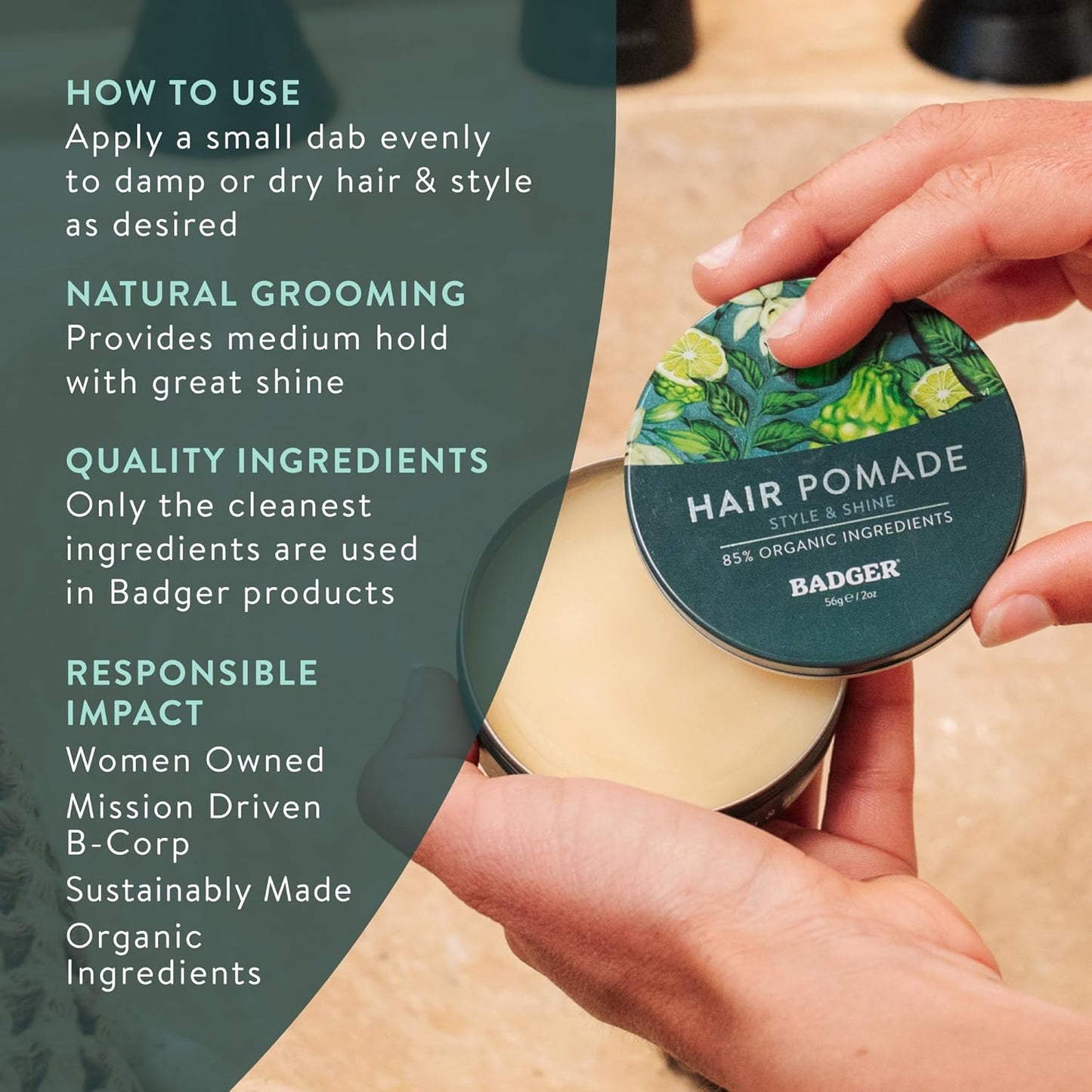 Badger Hair Pomade for Men - Organic Formula with Subtle Scent | Medium Hold & Shine - 2 oz Tin
