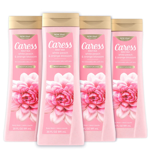 Caress Body Wash for Women, Daily Silk White Peach & Orange Blossom, Shower Gel Body Wash Moisturizing for Noticeably Silky, Soft Skin, 20 fl oz, 4 Pack