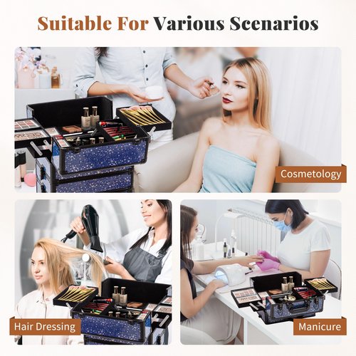 AROUS Rolling Makeup Train Case Large Storage Cosmetic Trolley 5 in 1 Large Capacity Trolley Makeup Travel Case with Key Swivel Wheels Salon Barber Case Traveling Cart Trunk, Black (Blue)