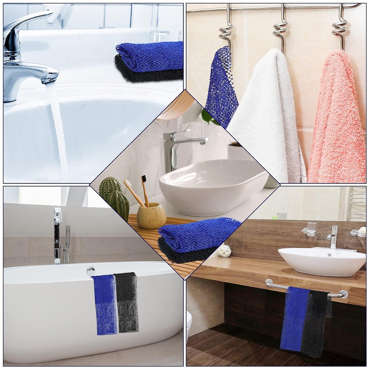 Skiennix African Exfoliating Net Bath Sponge - Long Back Scrubber for Smooth Skin | 2 Pieces (Blue, Black)