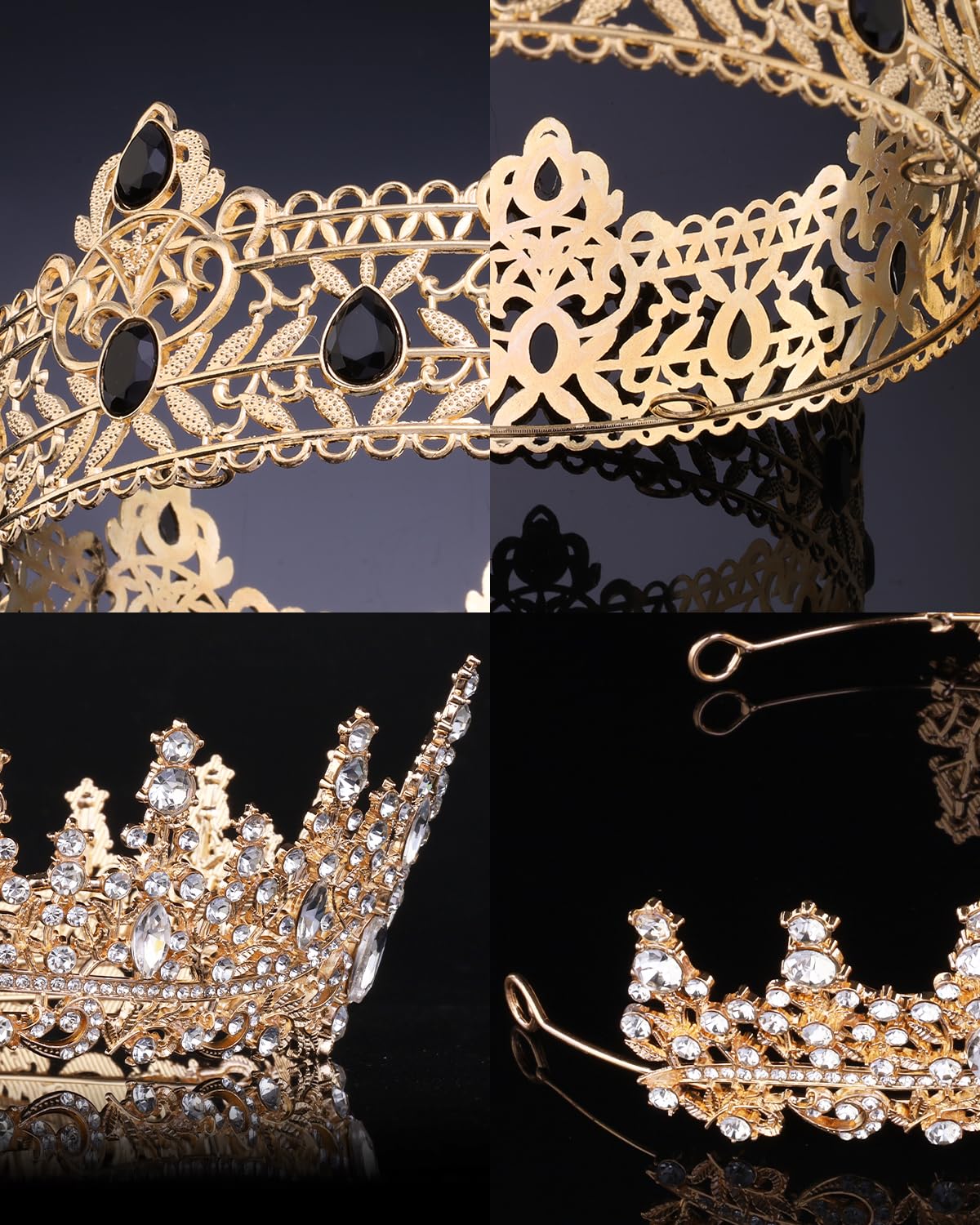 Crowns for Men Women King Royal Crown with Black Rhinestone Crystal Queen Royal Round Crown Halloween Medieval Princess Costume for Wedding Hair Accessories Homecoming Prom Party Decorations (4 Pcs)