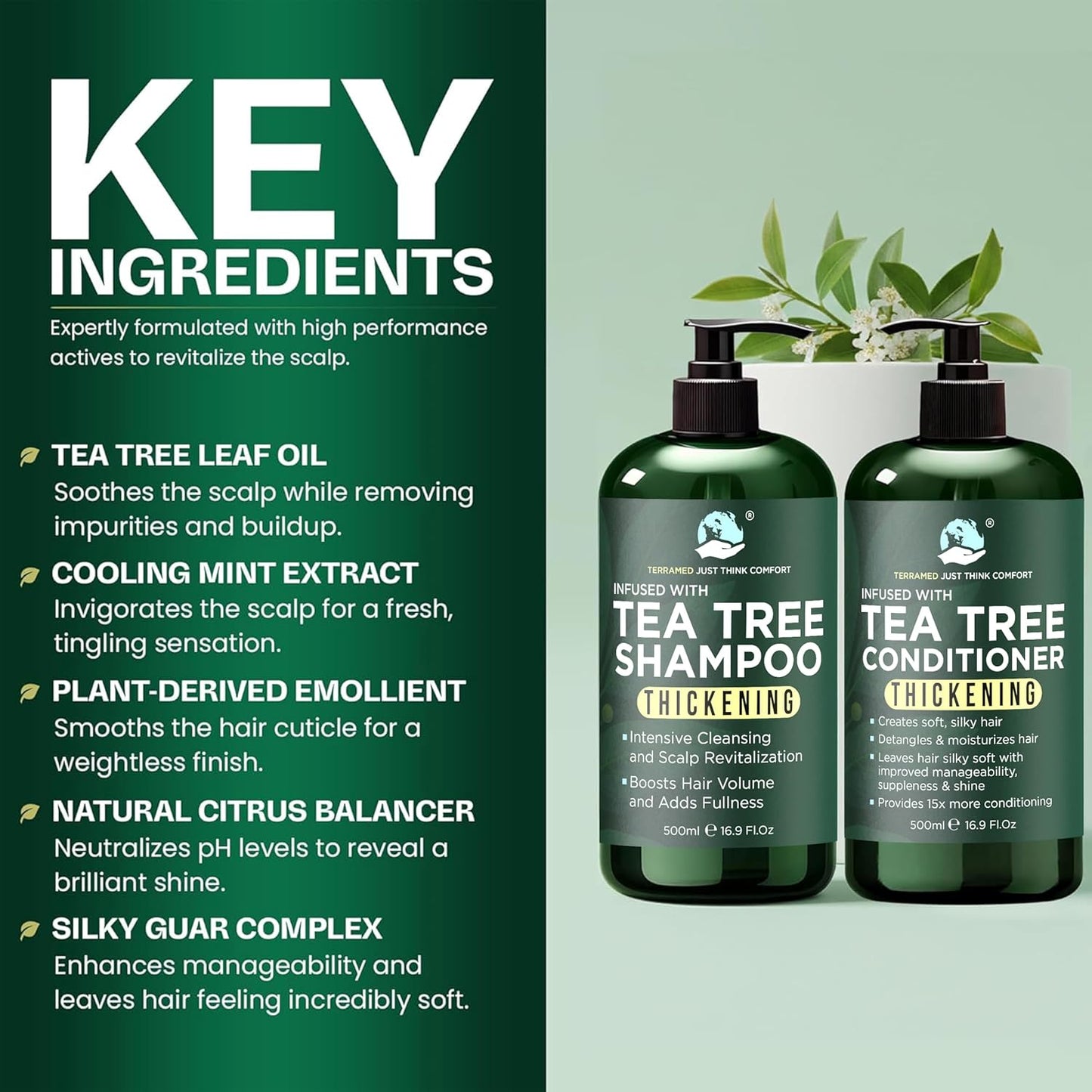 Tea Tree Shampoo & Conditioner Set - Thinning Hair Treatment for Men & Women | Soothes Itchy Scalp & Dandruff