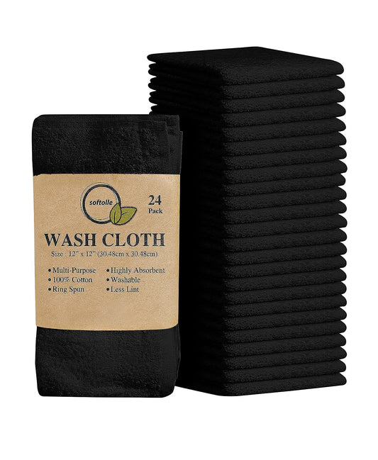 Softolle 100% Cotton Ring Spun Wash Cloths – Bulk Pack of Washcloths – 12x12 Inches – Wash Cloth for Face, Highly Absorbent, Soft and Face Towels (Black, 24 Pack)