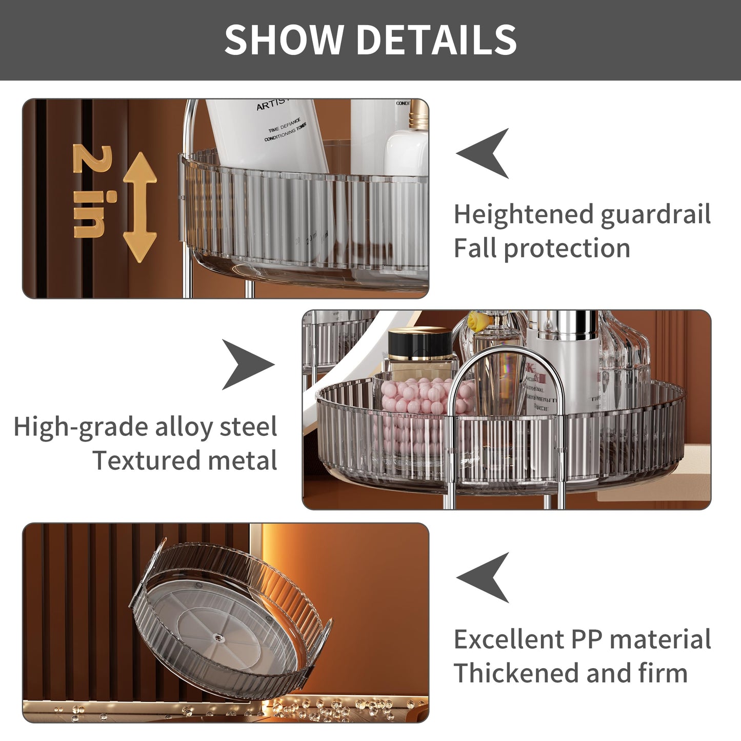 YCIA&DONE 360 Rotating Makeup Organizer and Storage for Vanity Countertop 2 Tiers, High Capacity Cosmetic Skincare Perfume Organizers for Dresser Bathroom Lazy Susan (Smoky Gray)