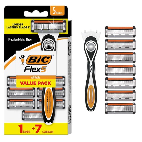 BIC Flex 5 Refillable Razors - Long-Lasting 5 Blade Shaving Kit for Men | 1 Handle & 7 Cartridges