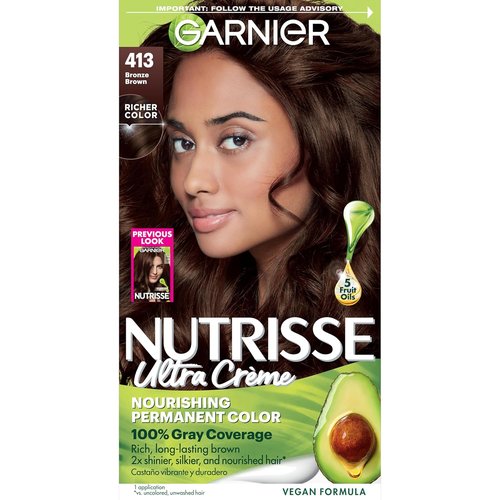 Garnier Nutrisse Ultra Crème Hair Color - Permanent Vegan Hair Dye for 100% Gray Coverage | 413 Bronze Brown