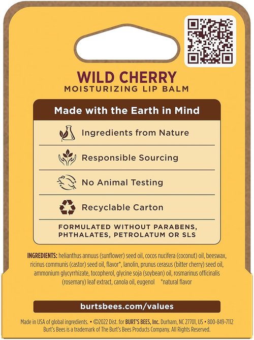 Burt’s Bees Lip Balm - Wild Cherry Flavor | Nourishing 0.15 Ounce Tube for Soft Lips