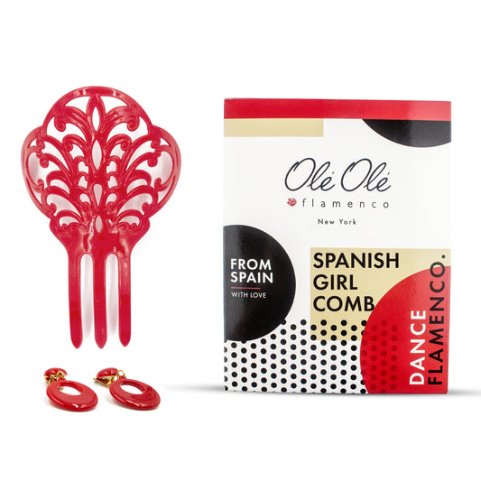 Ole Ole Flamenco Girl Comb for Hair Red Roja with Clip Earrings bundle Flamenco Dancer Spanish Combs Peineta Flamenca Ornamental Hair Pins