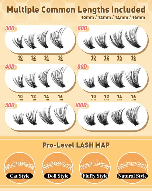 Calphidar Eyelash Clusters 30D+40D+50D+60D+80D+100D, DIY Curly Wispy Individual Natural Lash Extension for Beginners, 476PCS D, 10-16MM
