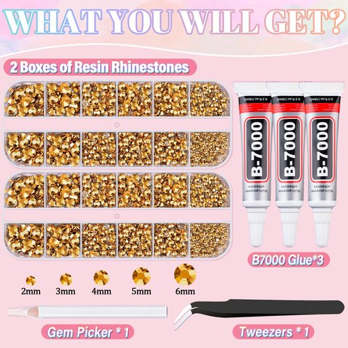 Resin Rhinestones for Crafting with 3Pcs 10ml B7000 Jewelry Glue, 2 Boxes Gold Flatback Gems Crystals Diamond for Bedazzling Crafts DIY Nail Art Makeup,Gems for Clothing Tumblers Shoes