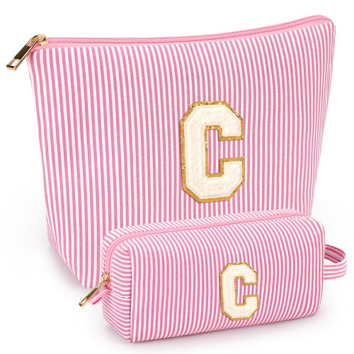 2 PCS Initial Makeup Bags for Women: Cosmetic Bag for Travel Toiletry - Birthday Gifts for 11 12 13 14 15 16 17 18 Years Old Girl Graduation Teacher Gift- Teen Girl Gifts Trendy Stuff - Pink C