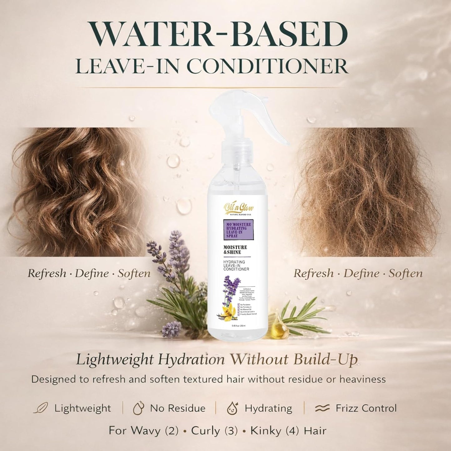 Skiennix Lightweight Leave-In Conditioner Spray - Rosemary & Castor Oil for Type 2-4 Hair | 8.45 Fl. Oz