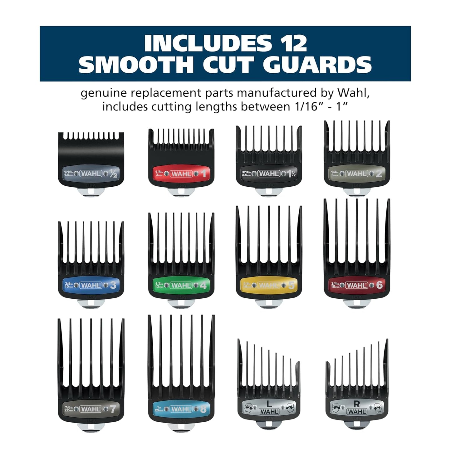 Wahl Genuine SECURE-SNAP® Guide Comb Set - 12 Full Size Attachment Guards with Color Clips & Caddy
