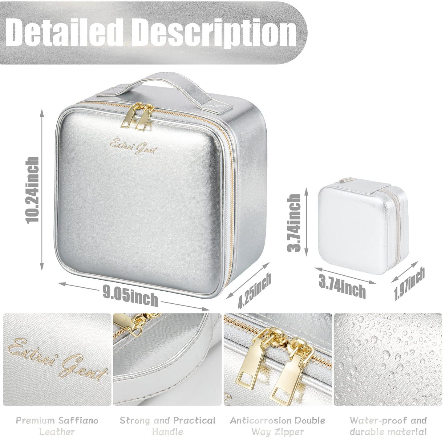 Extrei Gent Makeup Travel Train Case with Mirror LED Light 3 Adjustable Brightness Cosmetic Bag Portable Storage Adjustable Partition Waterproof Makeup Brushes Makeup Jewelry Gift for Women