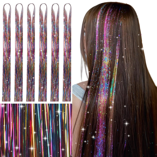 WENNALIFE Hair Tinsel for Girls, Mix 3 Colors Fairy Hair Tinsel Kit 1200 Strands 6PCS 48 Inch Heat Resistant Glitter Tinsel Hair Extensions Kit Christmas Hair Feathers Tinsel for Hair Sparkle Strands