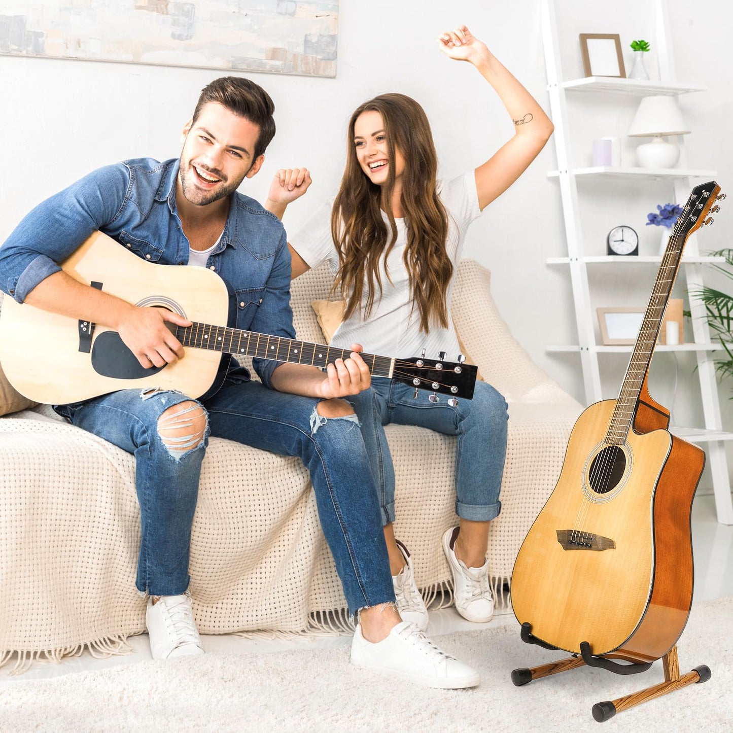 MUSO Guitar Stand,Acoustic Guitar Stand,Wood Classical Electric Guitar Stand,Foldable Bass Guitar Stand,Guitar Accessories also fit Bass,Violin,Ukulele(Acacia)