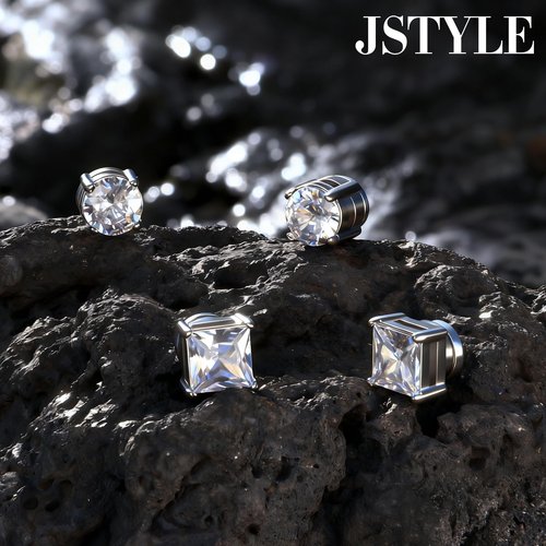 Jstyle 2 Pairs Stainless Steel Magnetic Stud Earrings for Men Women Non-piercing CZ Hypoallergenic 5-8MM