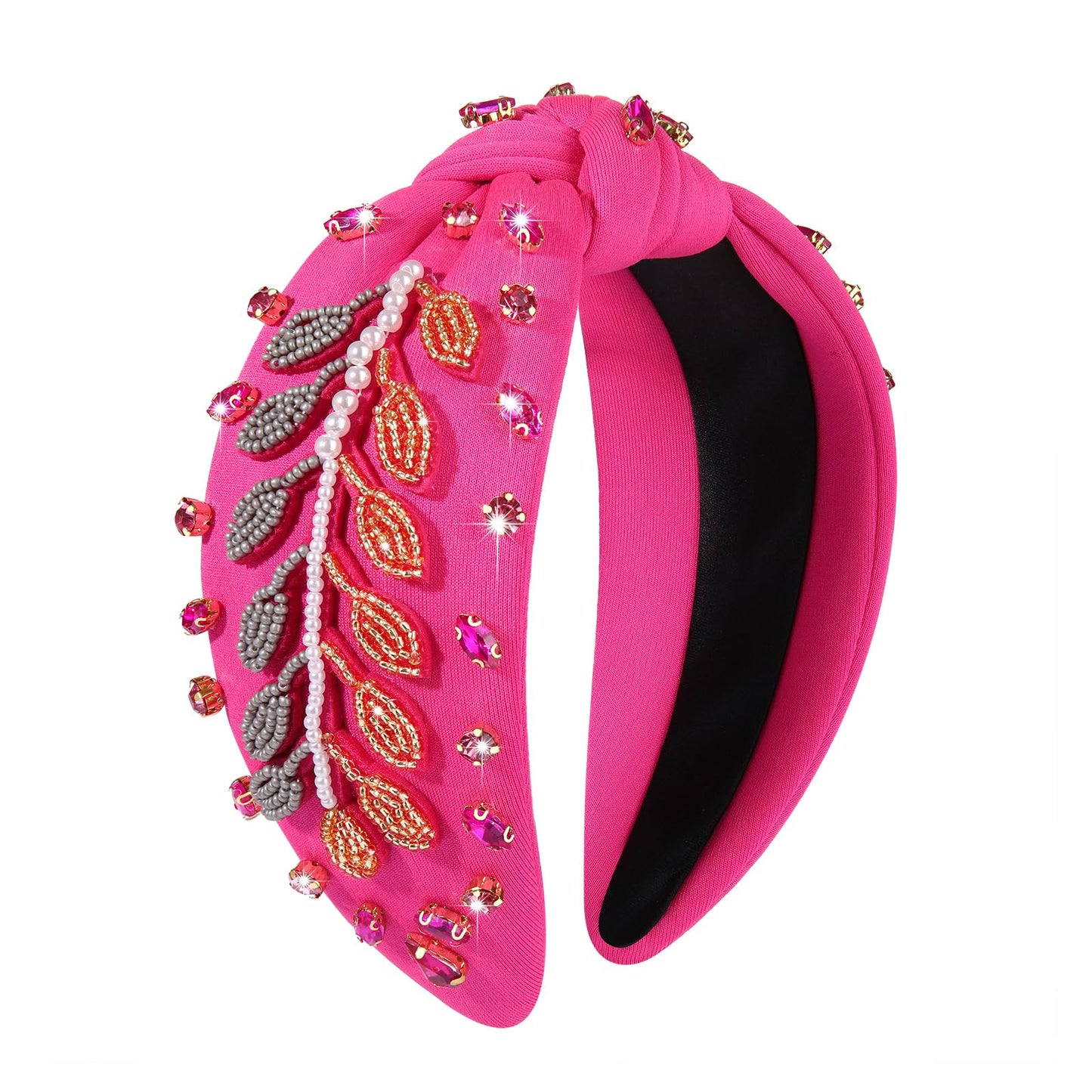 FAERLIIRY Beaded Xmas Headbands for Women - Embellished Crystal Knotted Wide Top Knot Holiday Hair Accessories (Christmas-Hot Pink)