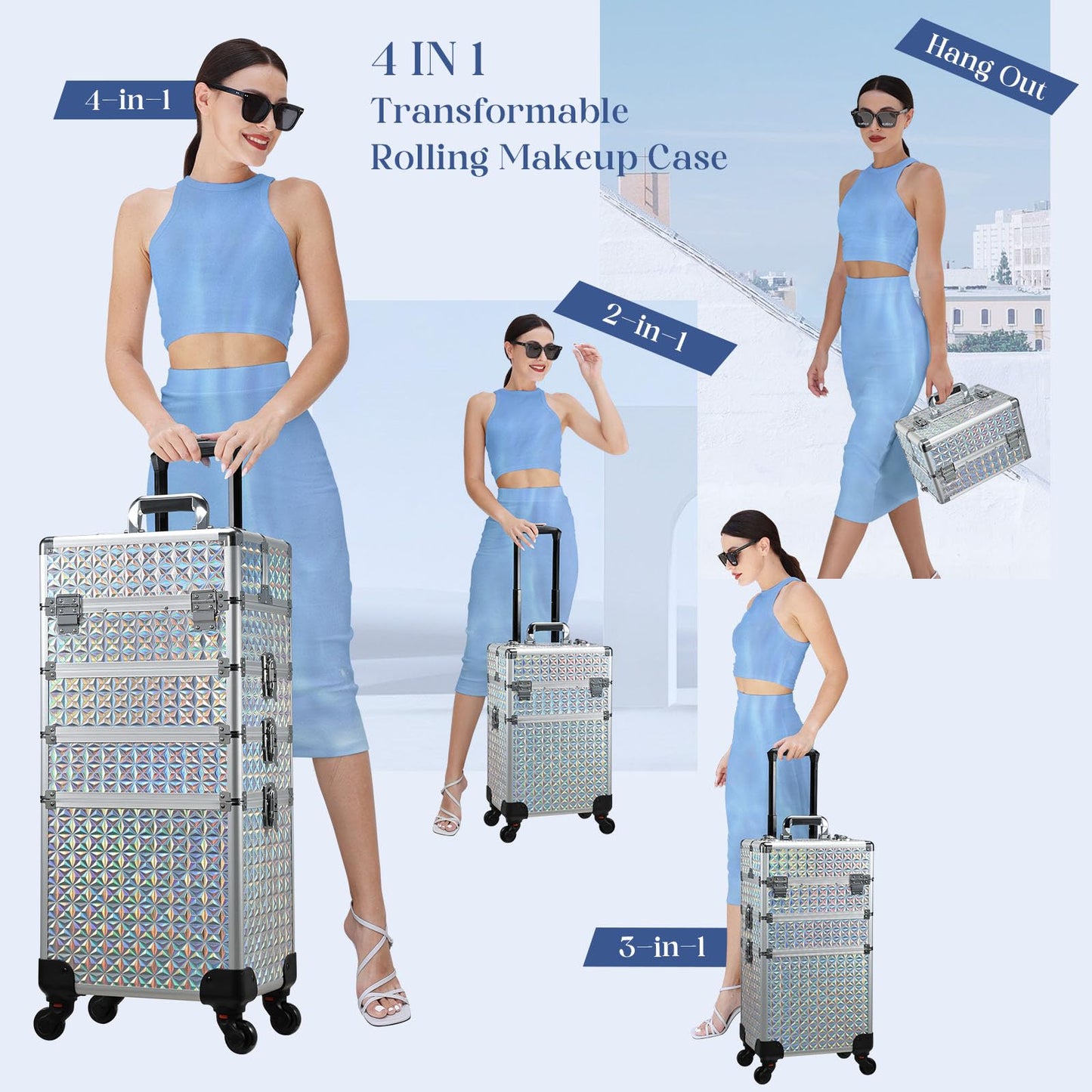 Stagiant Rolling Makeup Train Case Large Storage Cosmetic Trolley 4 in 1 Large Capacity Trolley Makeup Travel Case with Key Swivel Wheels Salon Barber Case Traveling Cart Trunk Shiny Silver