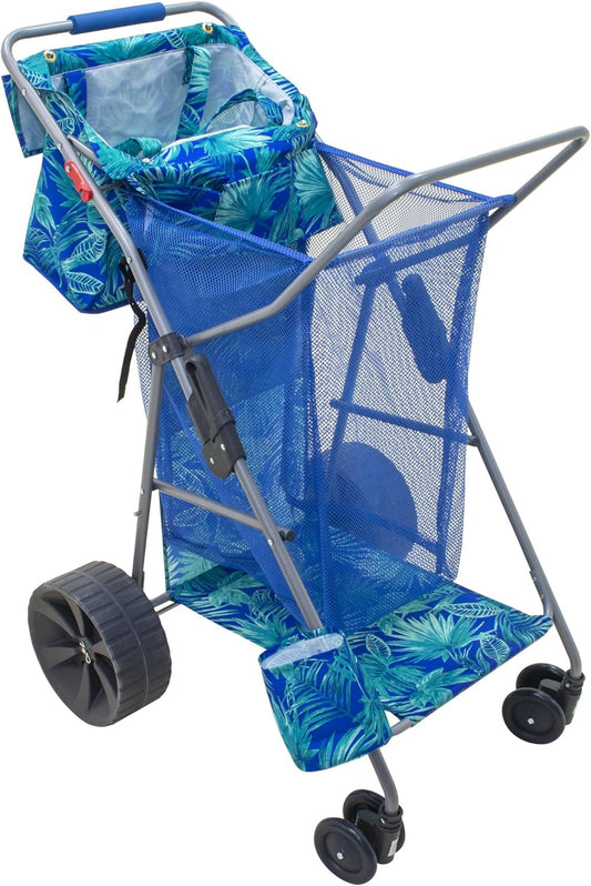 Tommy Bahama Beach Cart - Deluxe Folding Caddy for Towels & Accessories | Holds 48-Quart Cooler & 4 Chairs, Blue