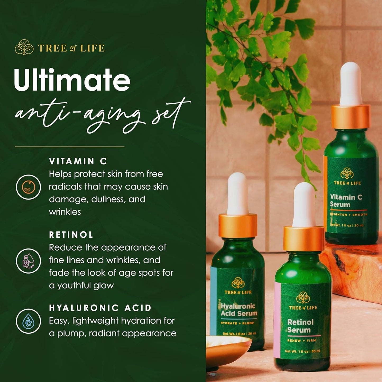 Tree of Life Beauty Facial Skin Care Set - Brightening & Hydrating Serums with Vitamin C, Retinol & Hyaluronic Acid | 1 Fl Oz (Pack of 3)