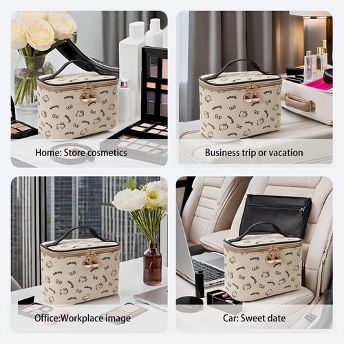 AmBealla Make up Bag Travel Cosmetic Bags Brush Holder Zipper Pouch Case Organizer Cute Organizer Suitable for Purse for Women (Beige Bucket Bag)
