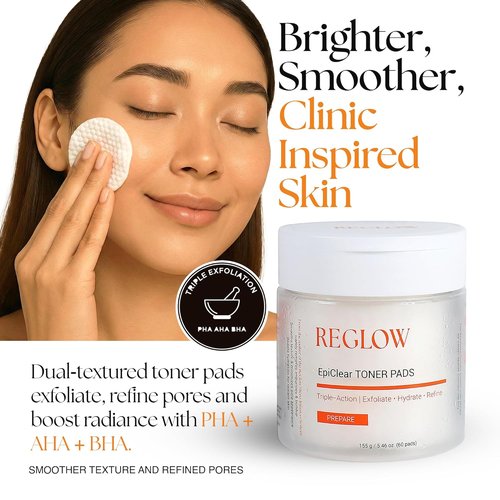 ReGlow EpiClear Toner Pads - Exfoliating Facial Pads with PHA, AHA, BHA & Niacinamide | Hydrating Pore Care - 60 Count