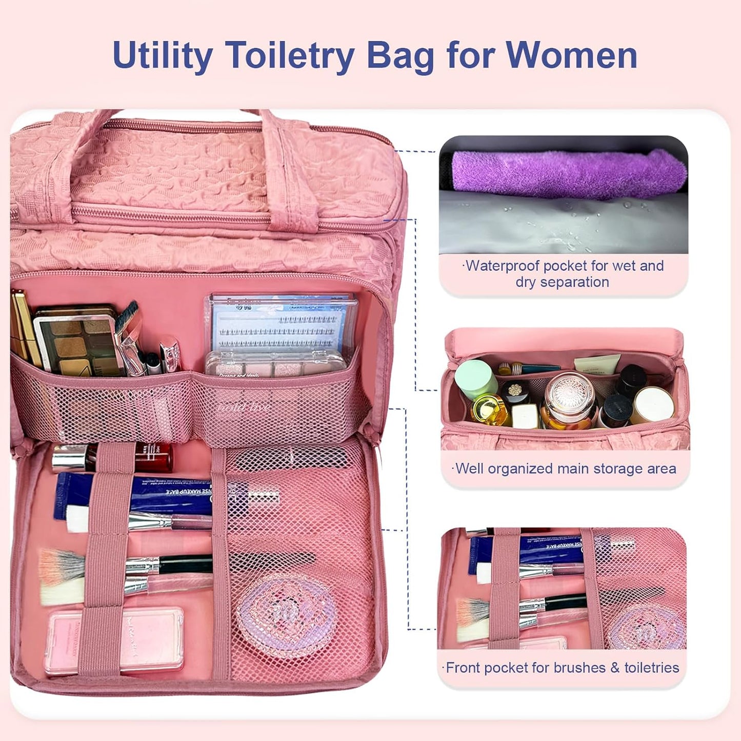 SMONT Toiletry Bag - Large 11.5" Travel Makeup & Skincare Organizer | Pink Cosmetic Case