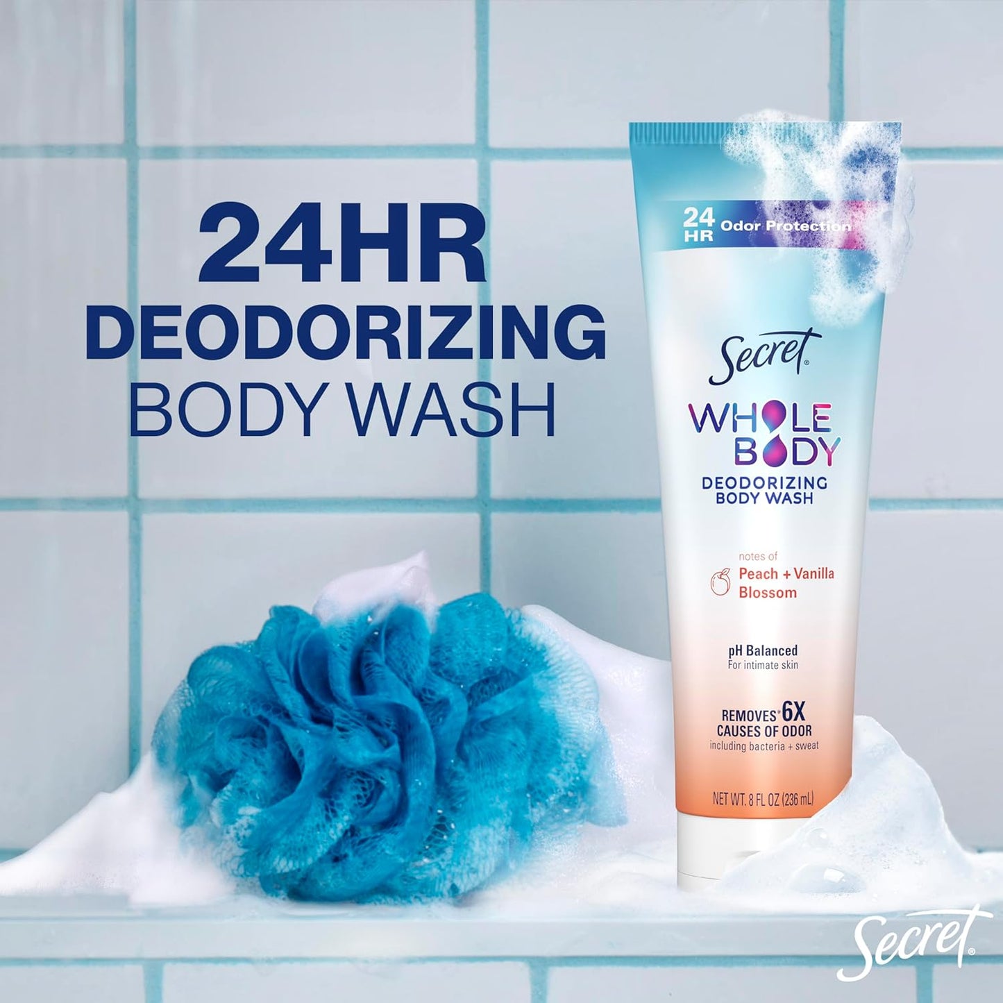 Secret Feminine Wash - 24 HR Deodorizing Body Wash for Women | PH Balanced, Peach & Vanilla Blossom, 8 oz