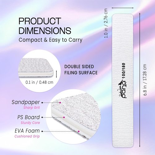 PANA Jumbo Size Double-Sided Nail Files - Zebra 100/180 Grit Emery Boards for Manicure & Pedicure | 10 Pack