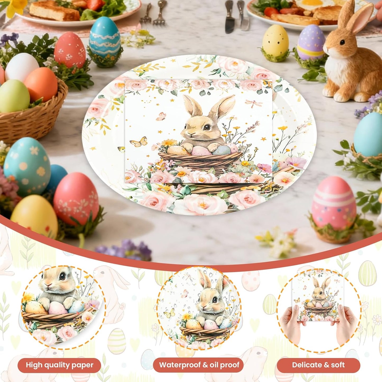 Skiennix Easter Party Plates Set - 40 Pcs 9-Inch Paper Plates & Napkins | Bunny Eggs Floral Design