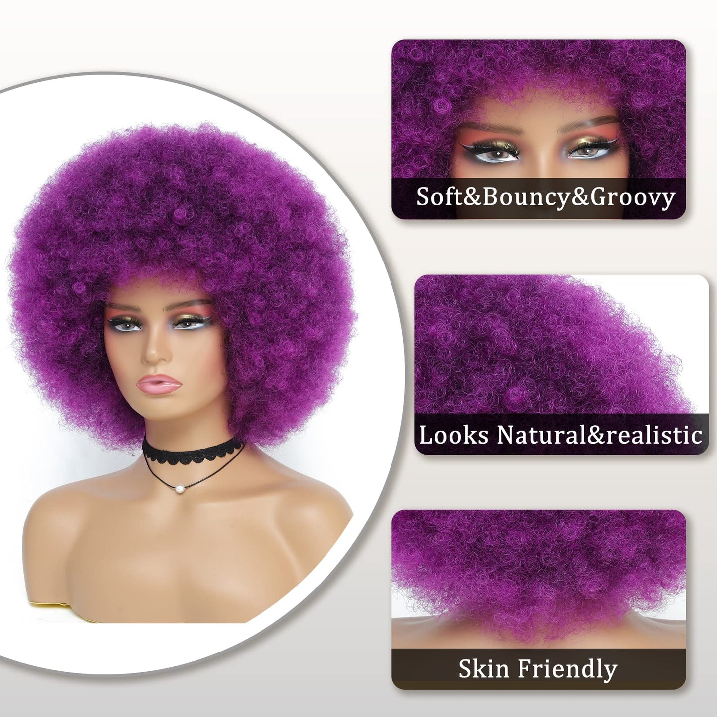 JSDshine 70s Afro Kinky Curly Wig For Women, Purple, Synthetic Fibers, Soft, Bouncy, Natural Looking, With Bangs