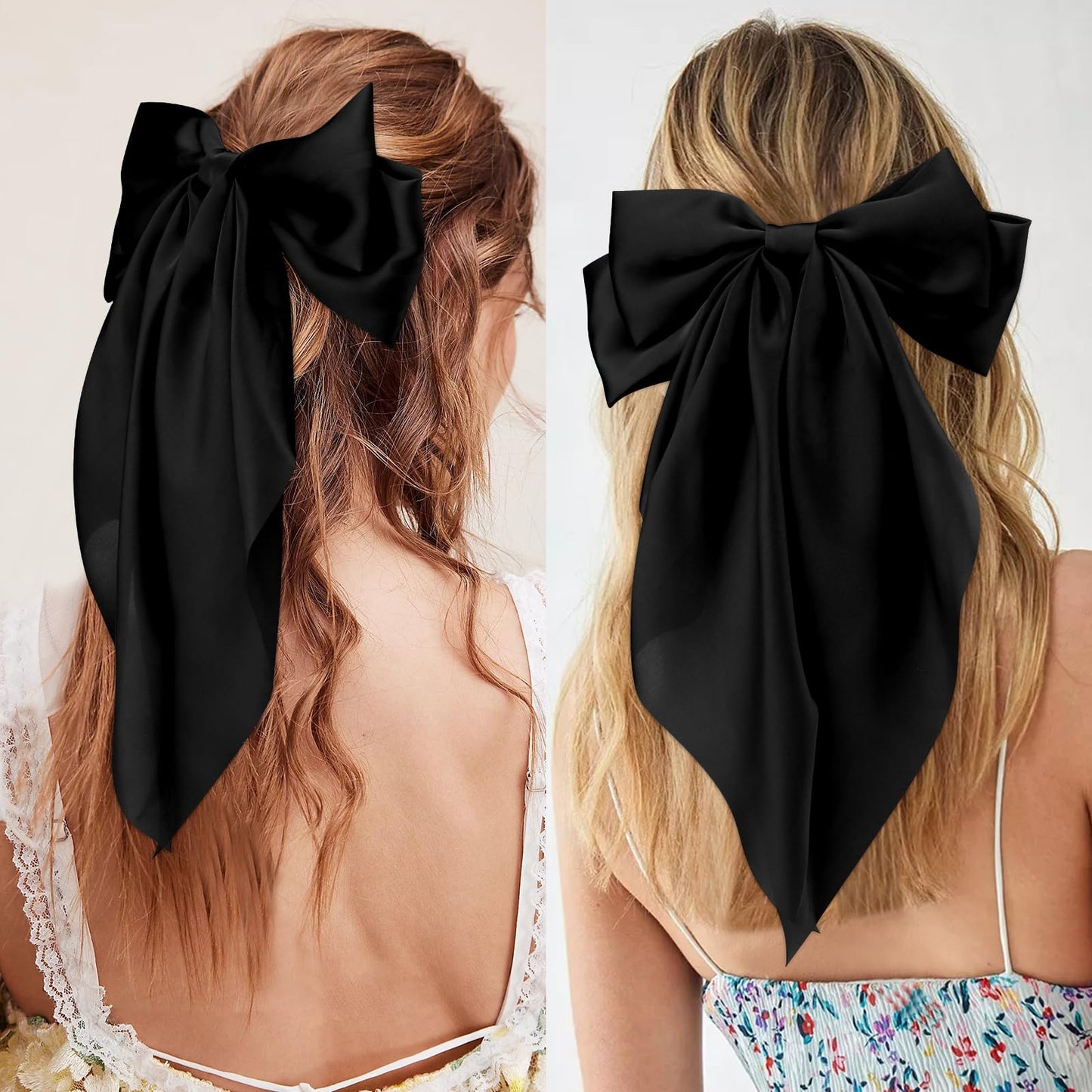 Velscrun 3Pcs Hair Bows for Women Black Hair Bow Big Hair Bows Clips for Girls Silky Satin Large Hair Ribbons Oversized Long Tail Hair Bows Hair Barrettes Hair Accessories Christmas Gifts