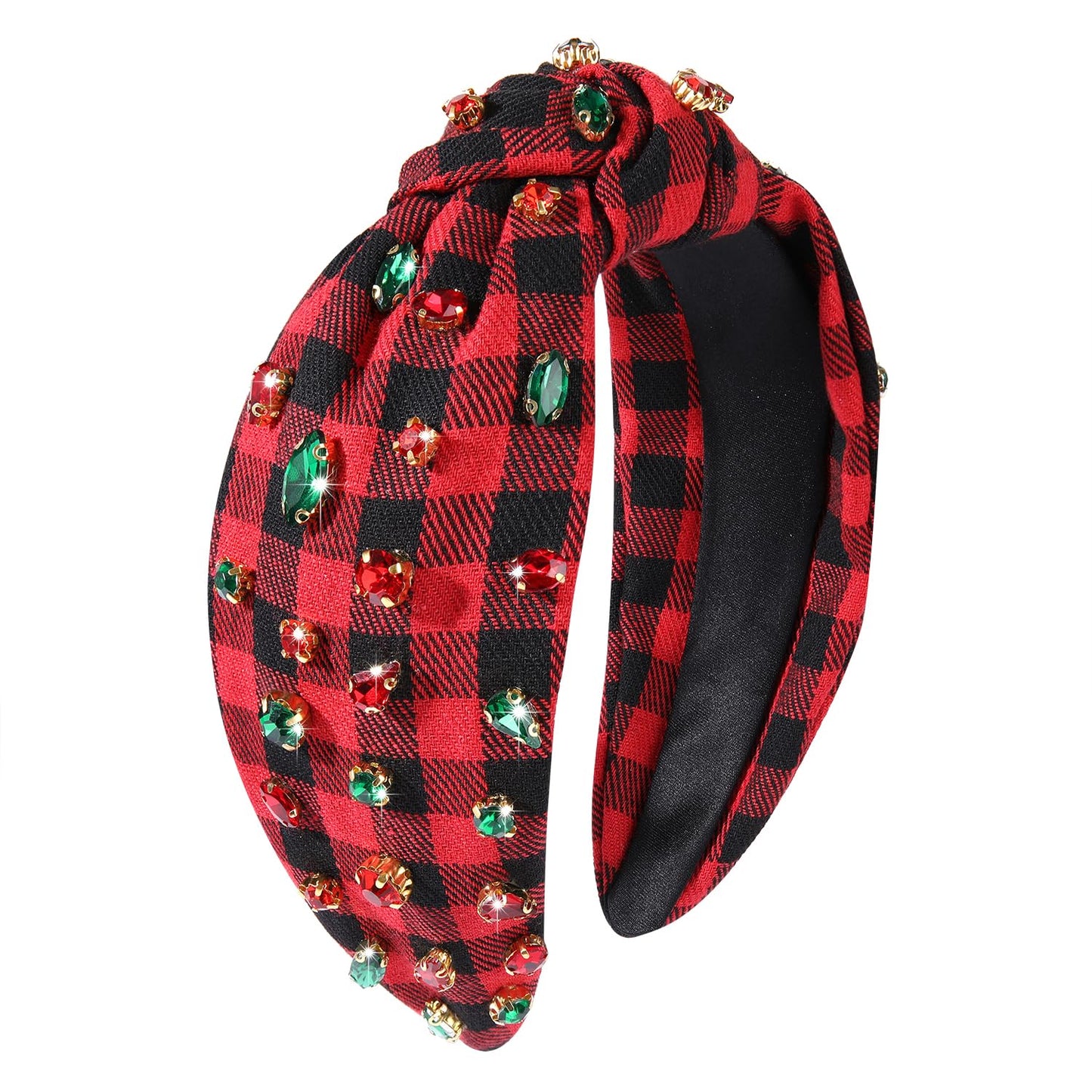 CEALXHENY Christmas Headband Accessories for Women Red Green Rhinestone Crystal Knotted Headband Jeweled Xmas Plaid Wide Top Knot Headband Christmas Outfits Holiday Gifts (Christmas 1)