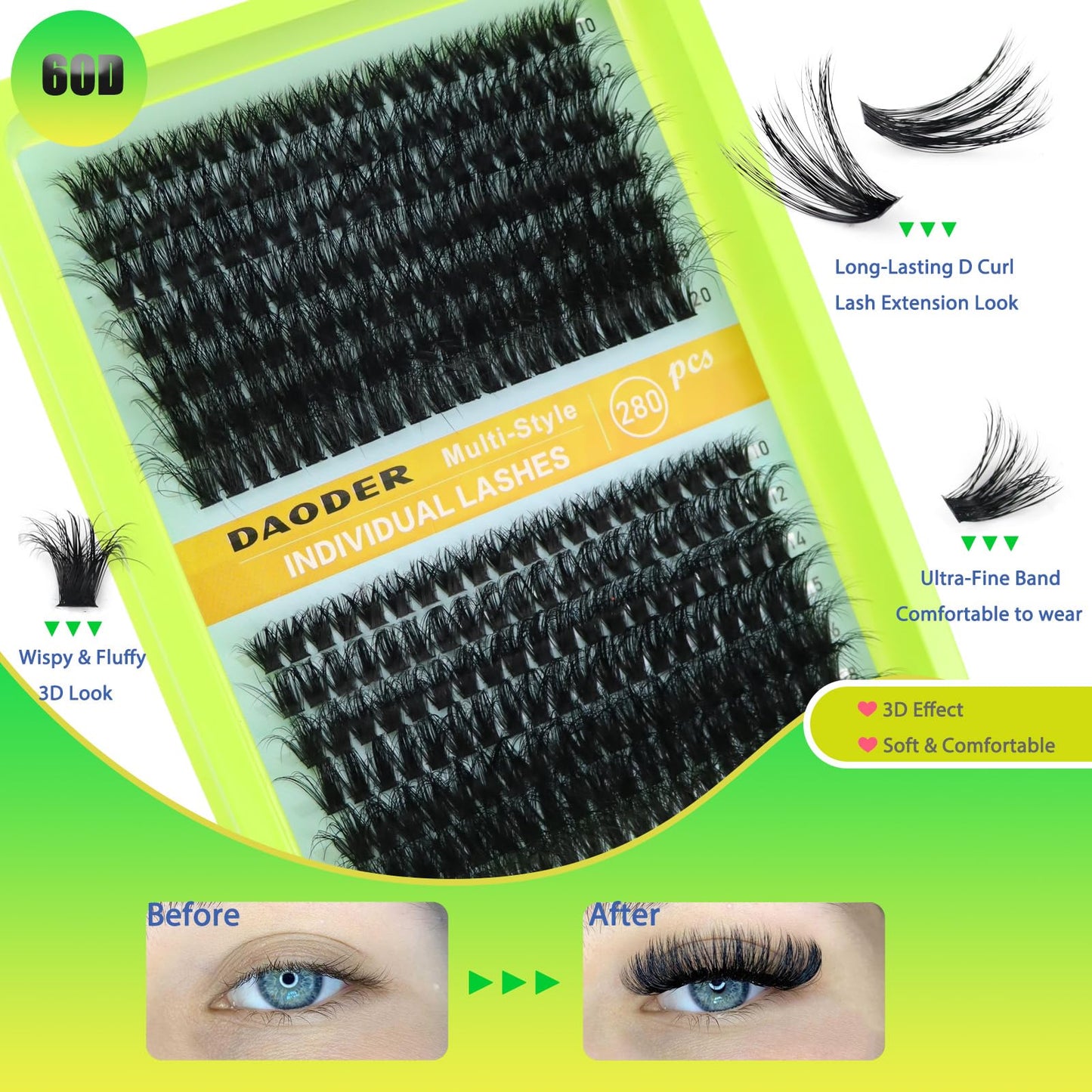 DAODER 20MM Lash Clusters Kit With Lash Remover Bond And Seal 280pcs 60D Thick Volume Fluffy Lash Extension Kit D Curl Easy to DIY At Home (Lash Clusters 60D)