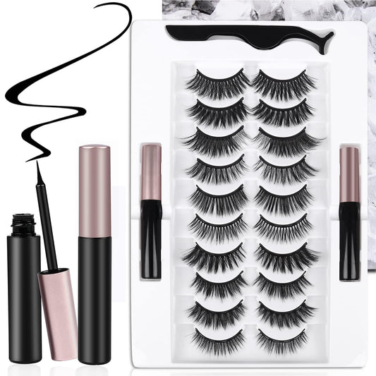 AROIC 10 Kinds of 3D 5D Magnetic Eyelash Kit with Different Density, Magnetic Eyelashes with 2 Magnetic Eyelash Glue and 1 Tweezer, False Eyelashes for Women and Girls Natural Look No Glue Needed