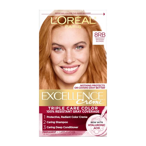 L'Oreal Paris Excellence Crème Permanent Hair Dye, Triple Care Hair Color with Hyaluronic Acid for 100% Gray Coverage, 8RB Reddish Blonde, 1 Kit (Packaging May Vary)