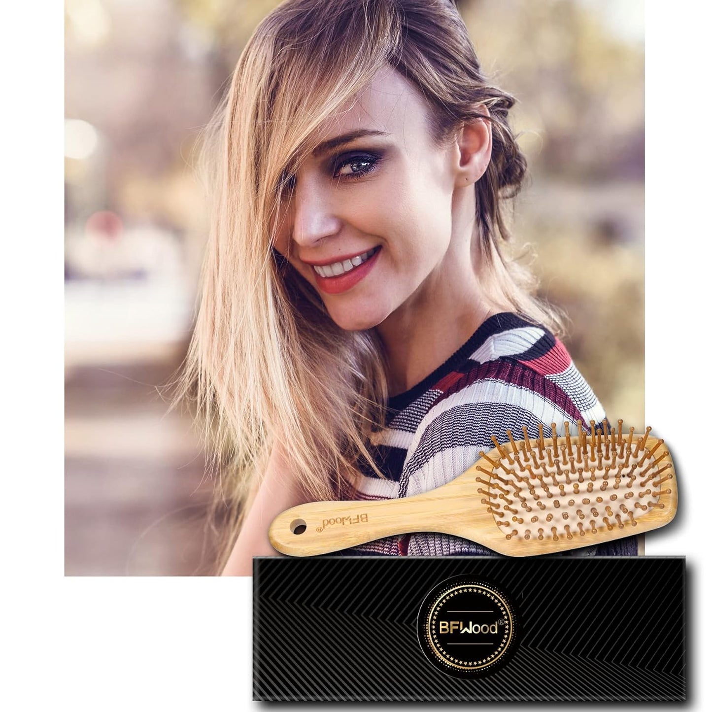 BFWood Bamboo Hair Brush - Paddle Design with Rounded Wood Bristles for Detangling & Scalp Massage