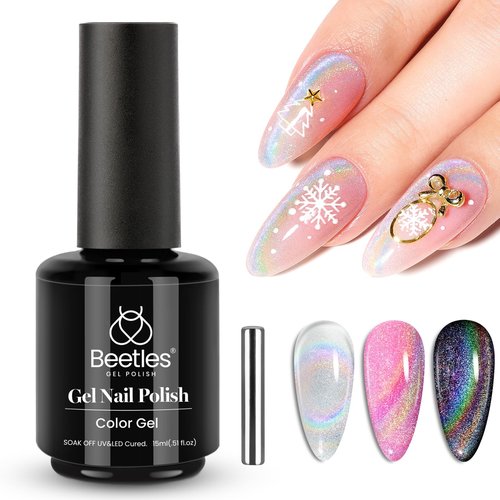 Beetles Prismatic Christmas Cat Eye Gel Nail Polish - 15ML Christmas Silver Glitter Rainbow Cat Eye Gel Polish with Magnet Soak Off UV Velvet Nail Polish Salon DIY Manicure Winter Gift for Women