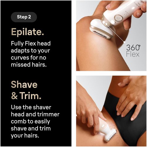 Braun Silk-épil 9 Flex Epilator - 360° Flex Head, Wet/Dry Use, Includes Shaver Head & Exfoliation Brush