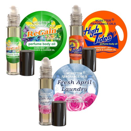 MOBETTER FRAGRANCE OILS Body Oil Perfume Set - Laundry Day, Regain, High Tides & Fresh April Roll-On