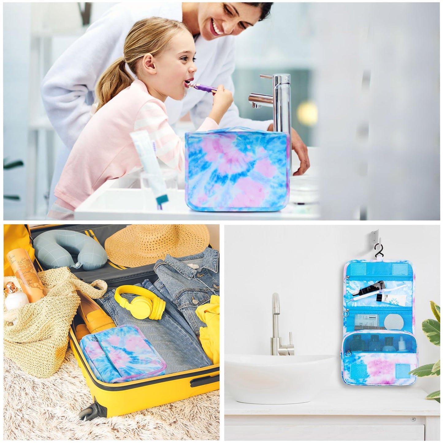 Vipdeal Kids Hanging Toiletry Bag for Girls, Travel Toiletry Bag for Little Young Girls Cosmetic Makeup Waterproof Wash Bag Toddler Traveling Toiletries, Tie Dye Blue