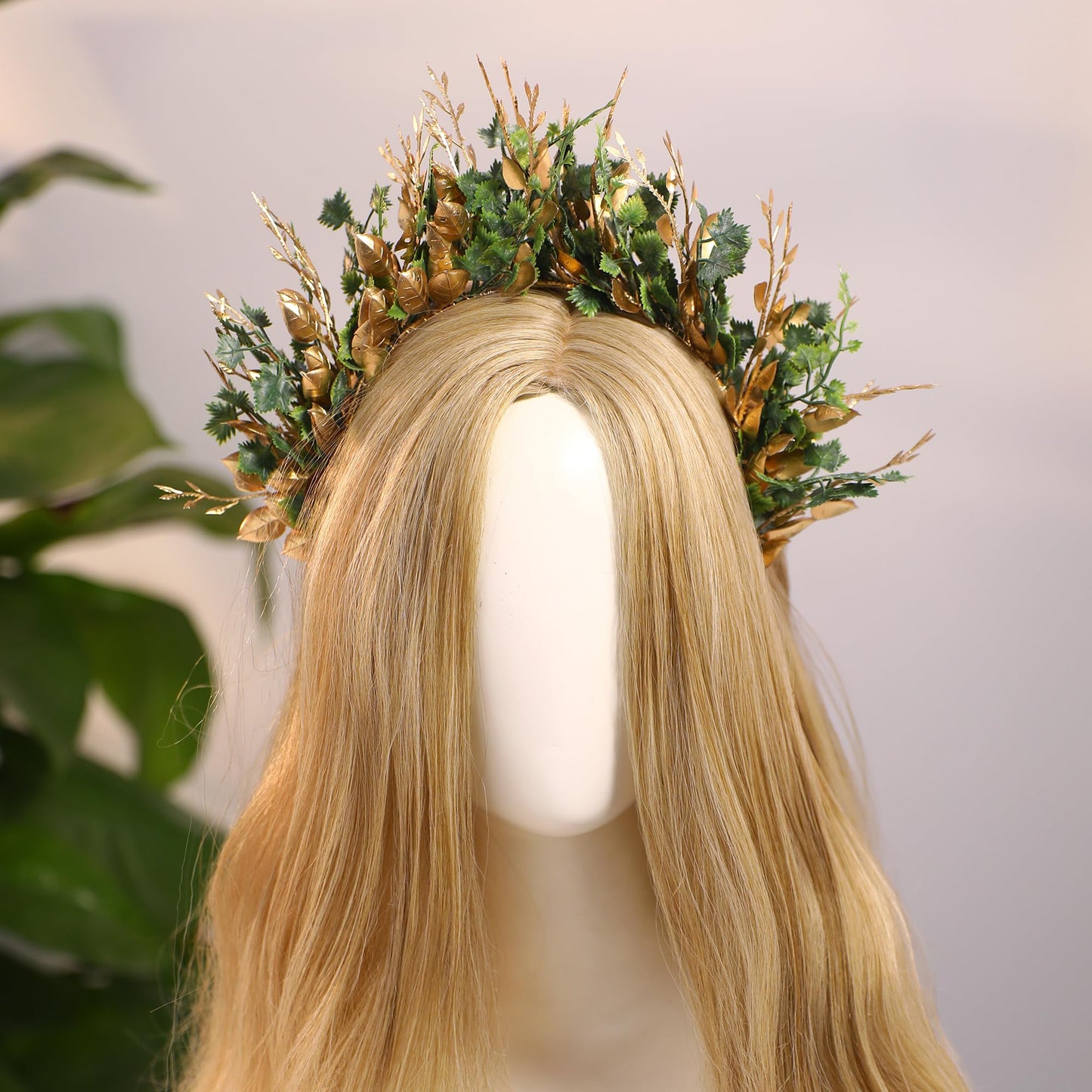 MOSTORY Handmade Woodland Halo Crown - Forest Headband Flower Hairband Goddess Floral Crown for Women Girls Cosplay Party Renaissance Mardi Gras Carnival Wedding Photo Shoot Gold Green