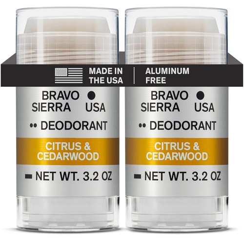 Bravo Sierra Aluminum-Free Deodorant for Men - Natural Citrus & Cedarwood, 2-Pack | Long-Lasting Odor Protection, 3.2 oz