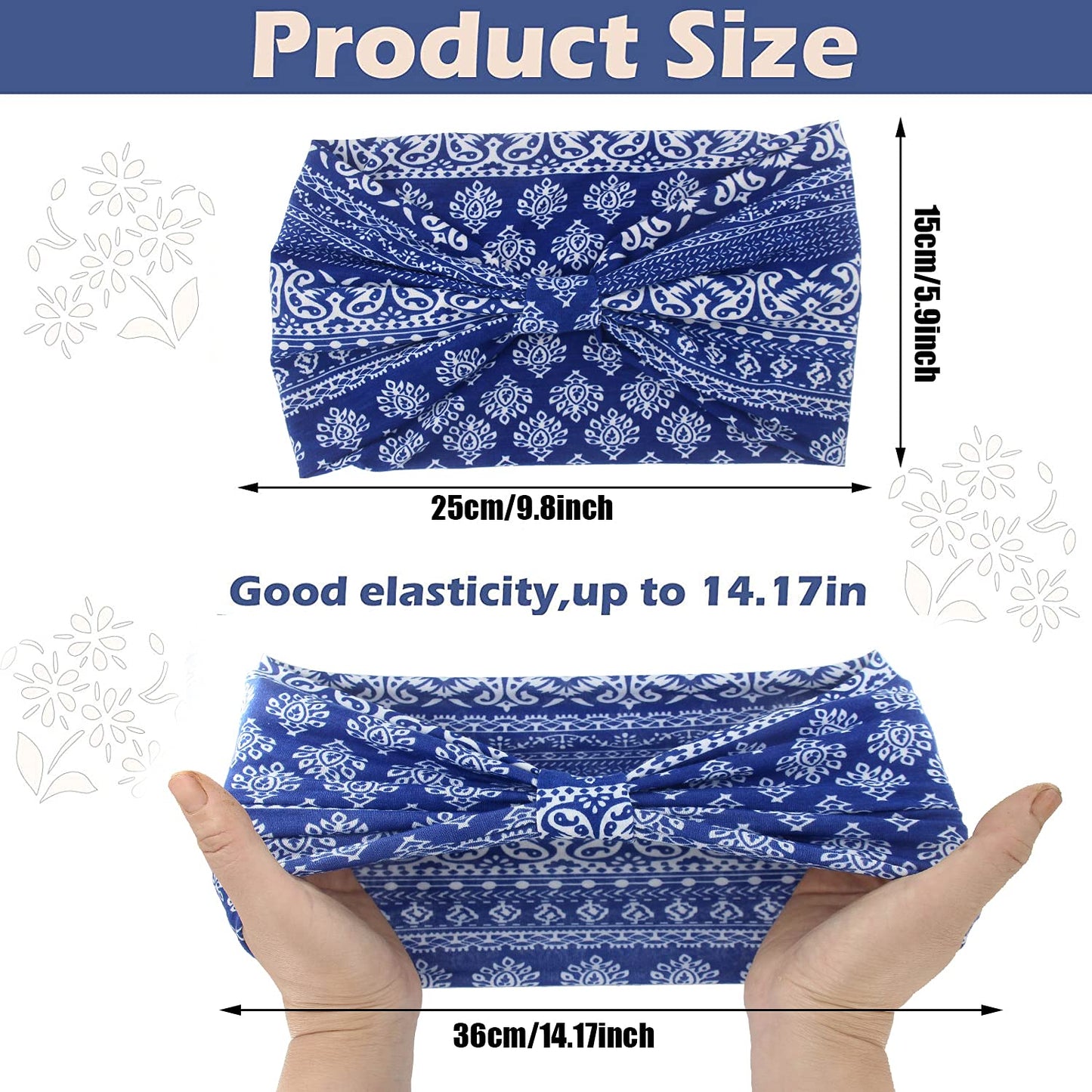 Yeshan Women's Wide Boho Knotted Non-Slip Turban Headwraps - Stretchy Bandeau Hair Bands for Sports, Yoga, Workouts, Pack of 8