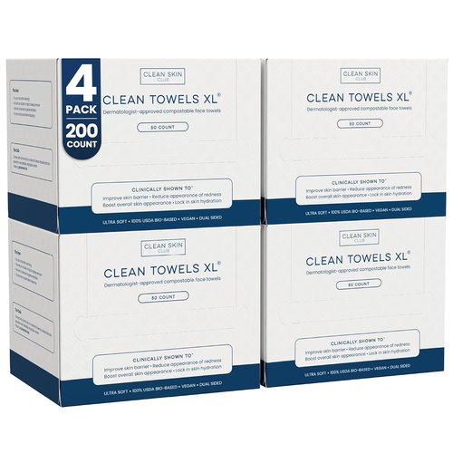 Clean Skin Club Clean Towels XL® - 100% Biobased Disposable Face Towels | Ultra Soft Makeup Remover, 50 Ct Per Pack, 4 Packs Total
