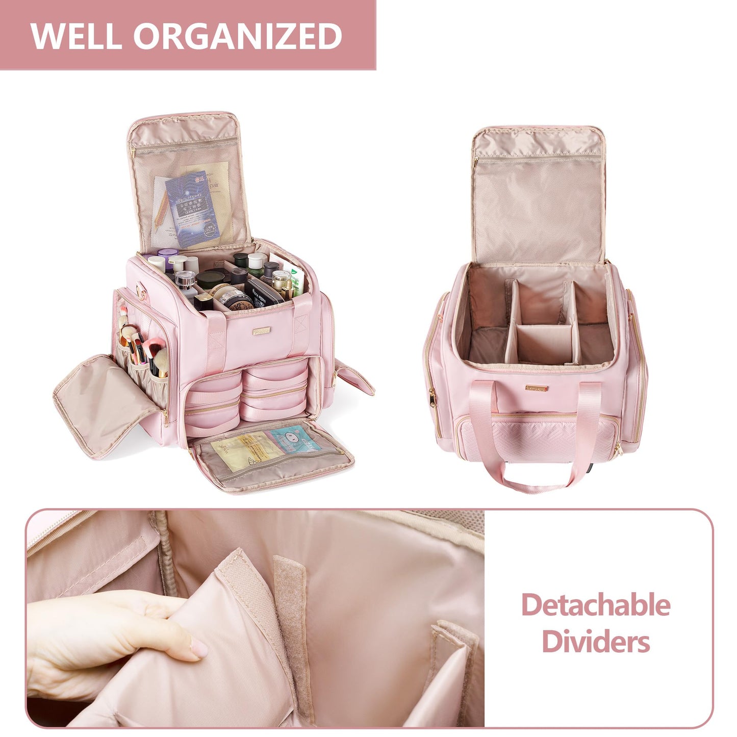 Prokva Rolling Makeup Case with 4 Removable Bags, Professional Makeup Train Case with Wheels, Makeup Artist Travel Bag with Brushes Storage Section, Pink (Patent Design)