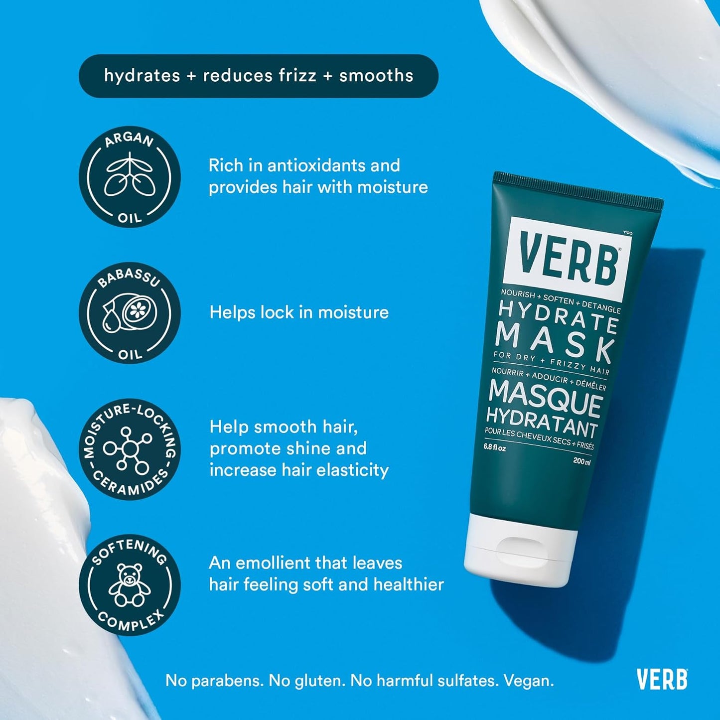 VERB Hydrate Mask, 6.8 fl oz - Intense Moisture for Dry + Frizzy Hair - Smooth + Detangle - Amber + Warm Jasmine Scent