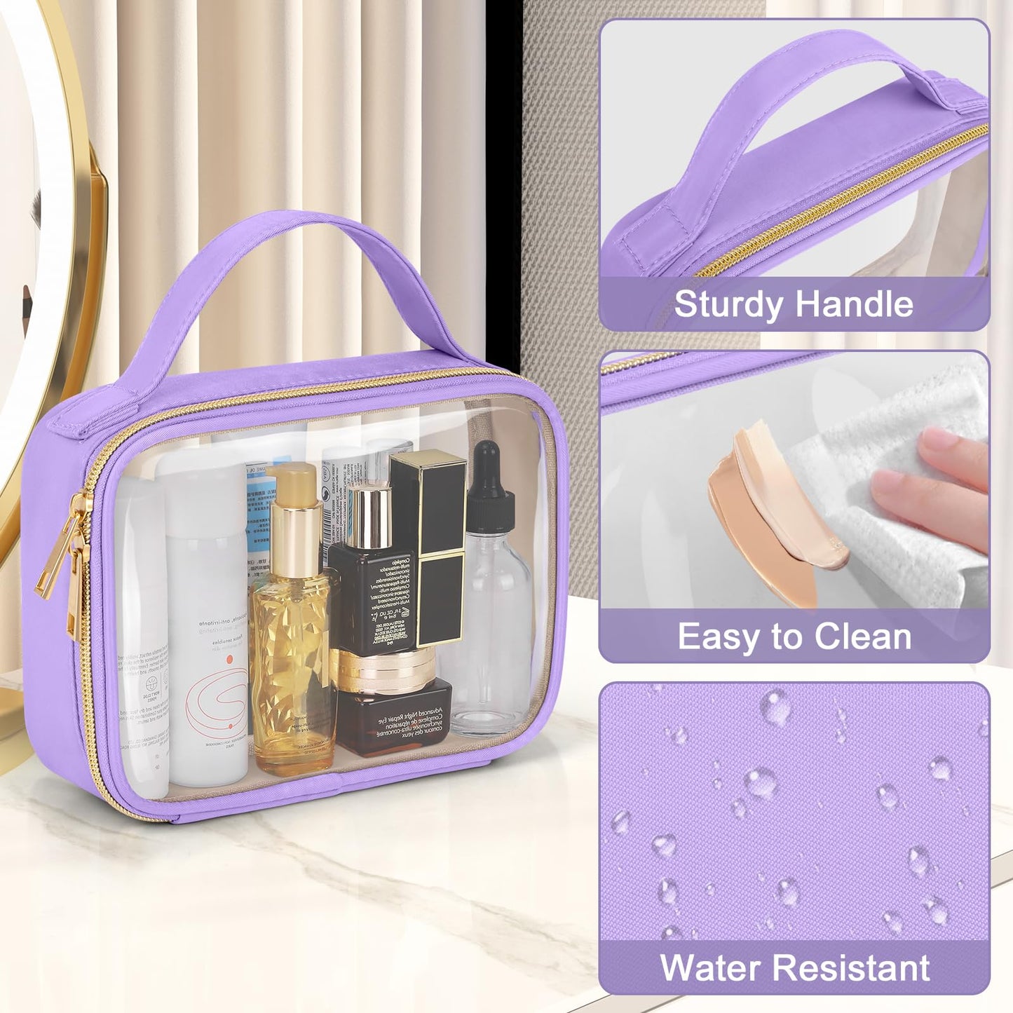 Wedama TSA Approved Toiletry Bag, 2 Pack Clear Makeup Bags with Handles, Quart Size PVC Clear Cosmetic Bags for Women and Men, Carry on Airport Airline Compliant Bag, Purple