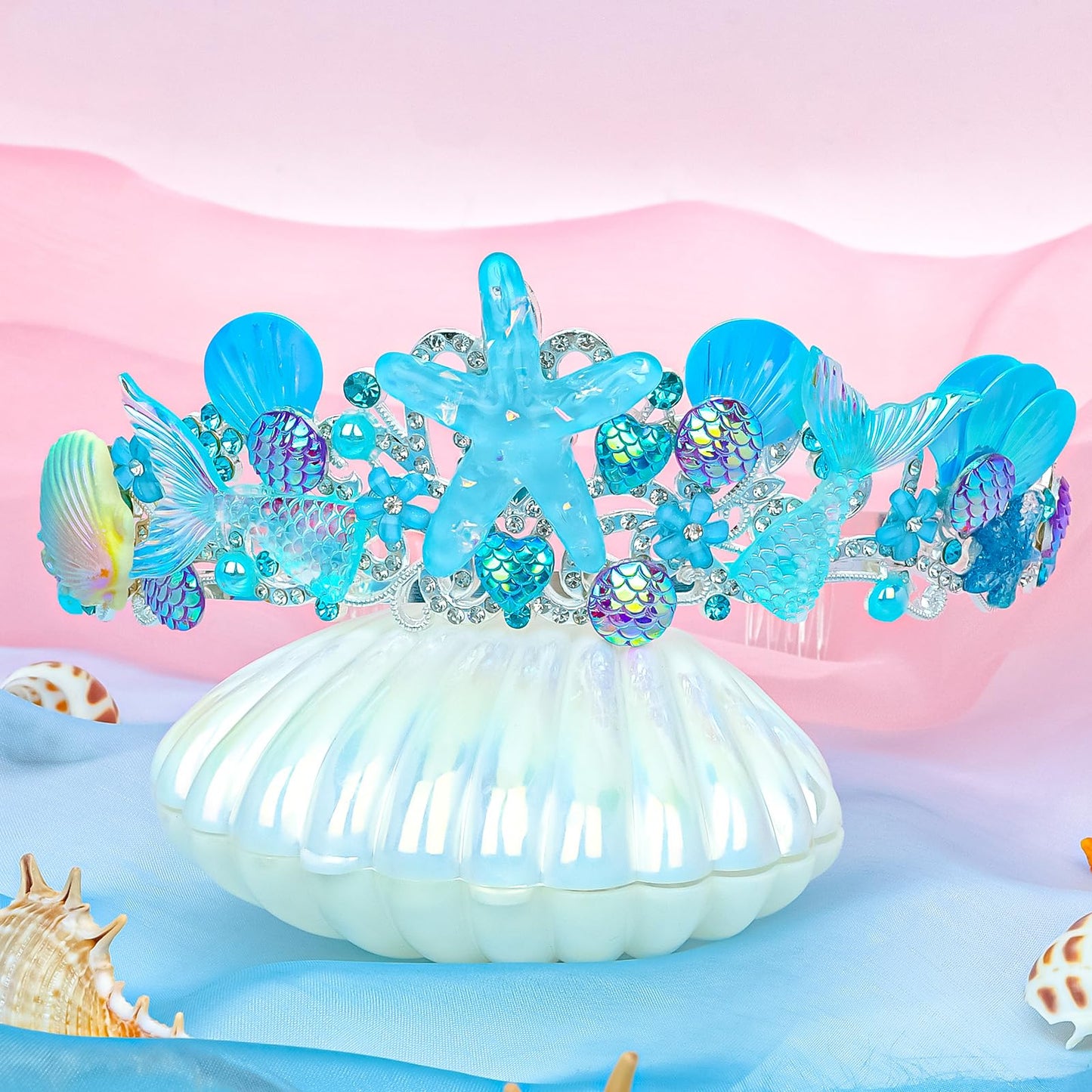 Casoty Mermaid Crown, Adjustable Seashell Mermaid Tiara, Rhinestones Mermaid Hair Accessories for Women Girls, for Birthday Halloween Costume Party